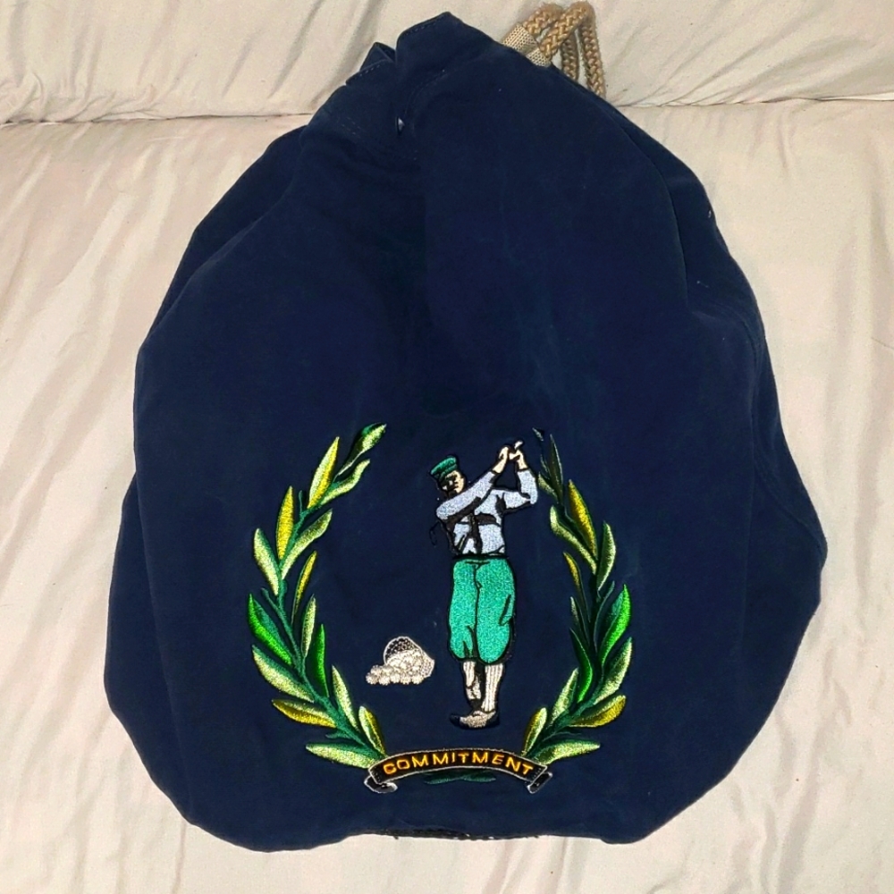 Vintage Navy Blue Drawstring Golf Ball Bag With Embroidered Logo